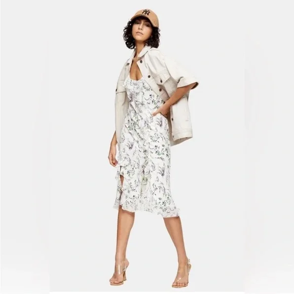 NWT Topshop Women's Dress Idol Midi Ruffle Frill Floral Print Sleeveless Size 8 - Picture 1 of 8